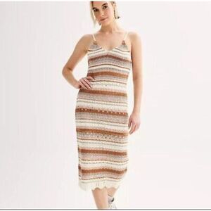 Women's Brown & Neutral Striped Crochet Boho V-neck Scalloped Midi Dress‎ Sz S/M